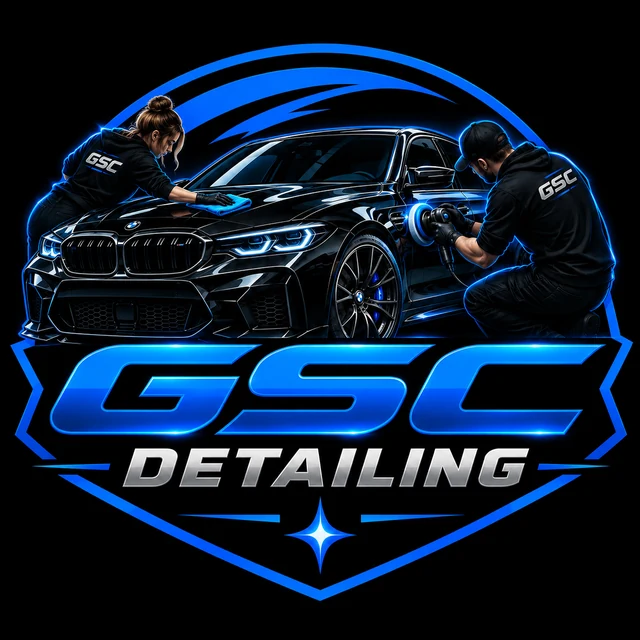 GSC Detailing logo: two detailers cleaning and polishing a black sedan