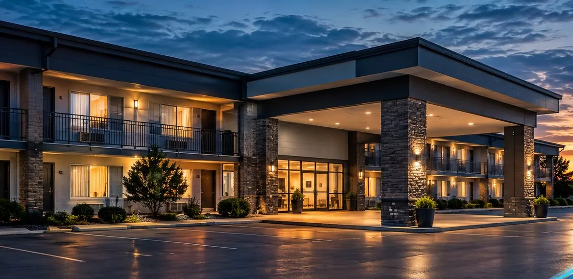 Exterior of an independent hotel at dusk