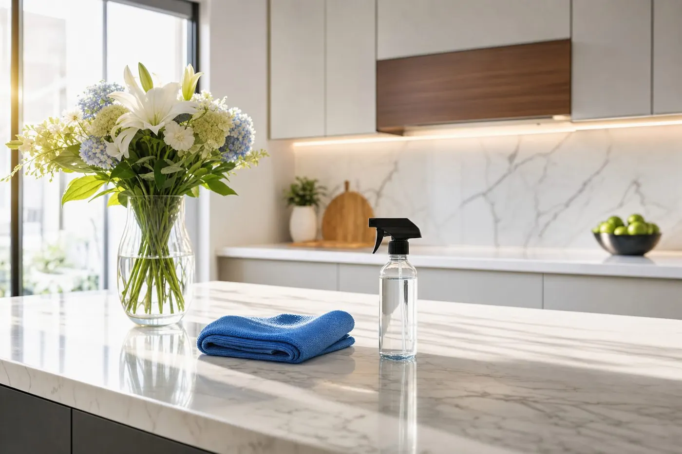 Clean, bright kitchen counter after a house clean